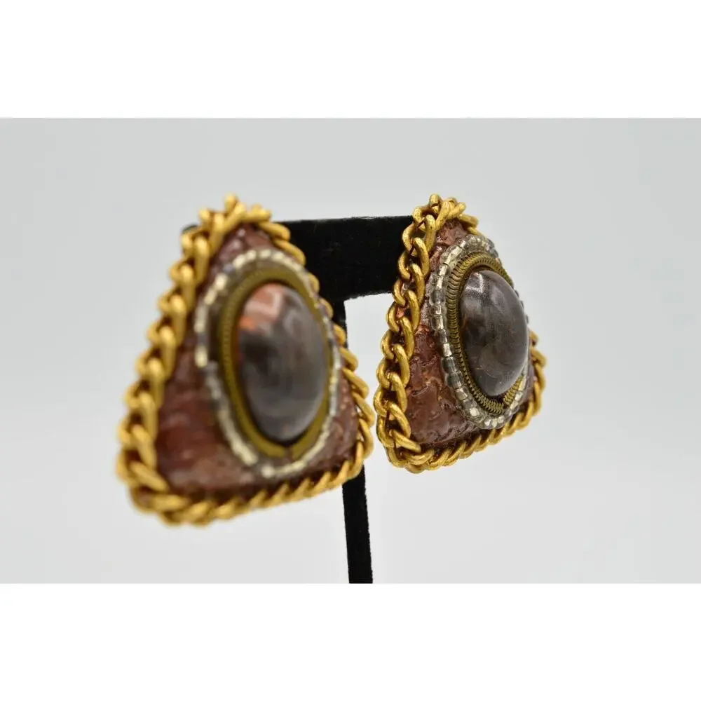 Vintage Clip On Earrings Faux Leather Wooden Bead Gold Chain Chunky 1980s 9L